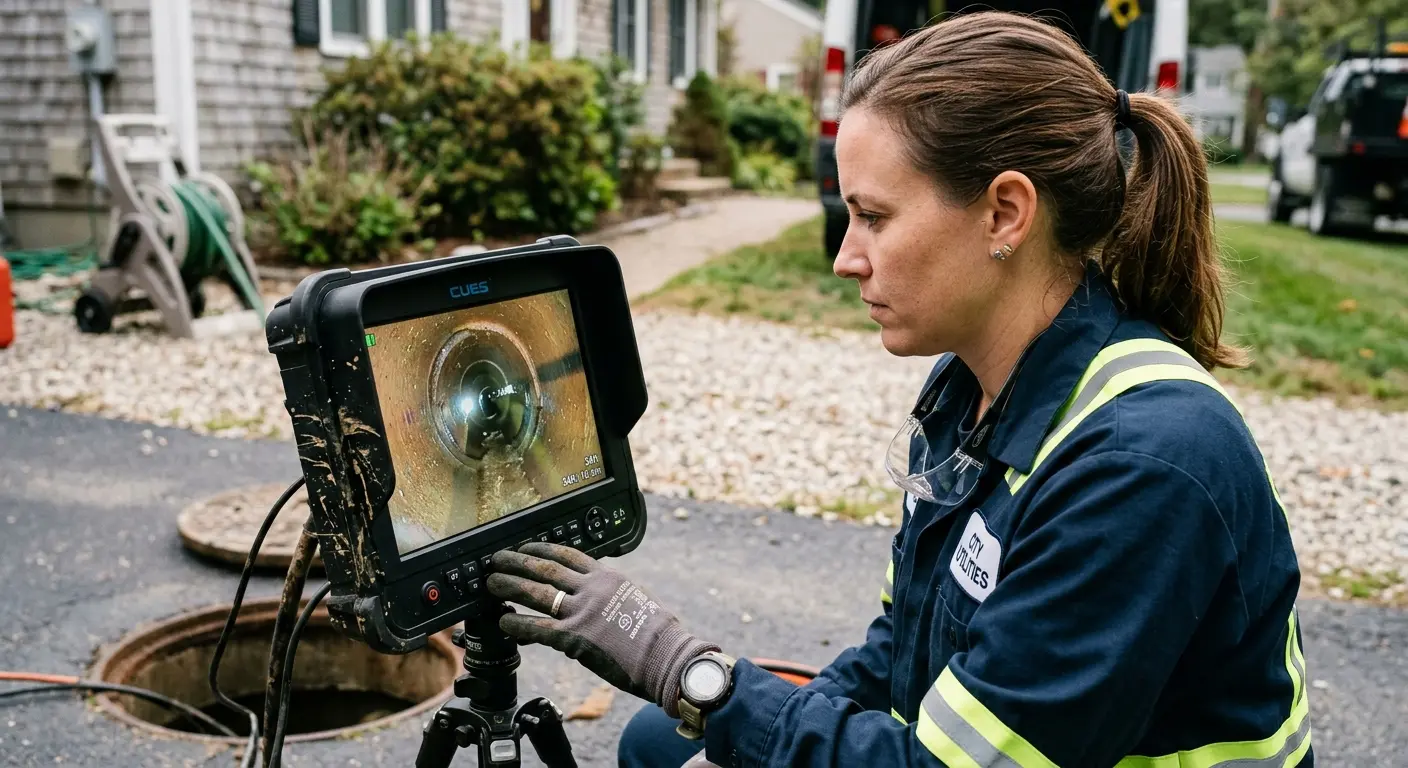 Technician reviewing sewer camera inspection footage in North Whitehall