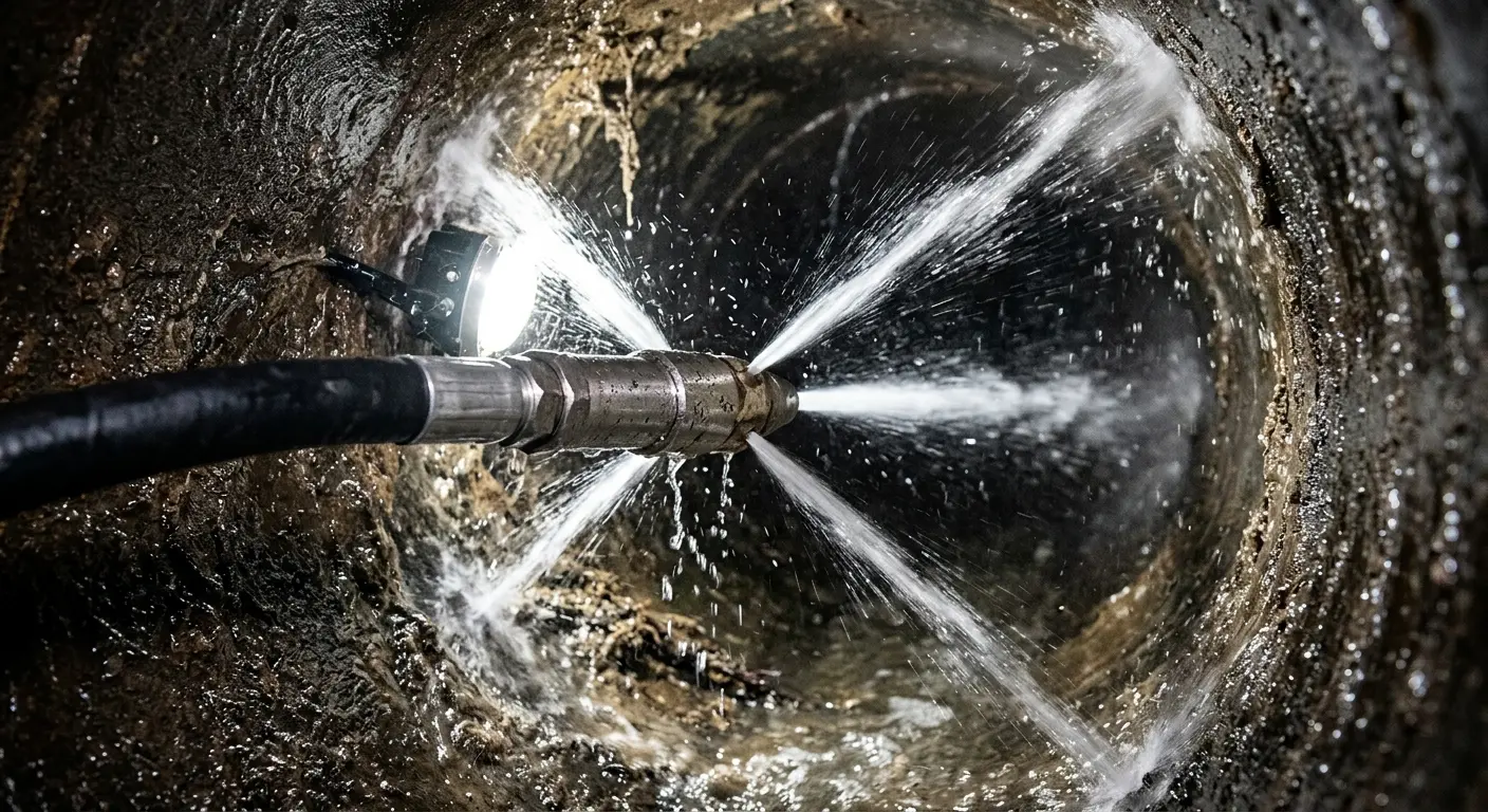 High-pressure hydro jetting nozzle cleaning sewer pipe for Emergency Drain Service in North Whitehall