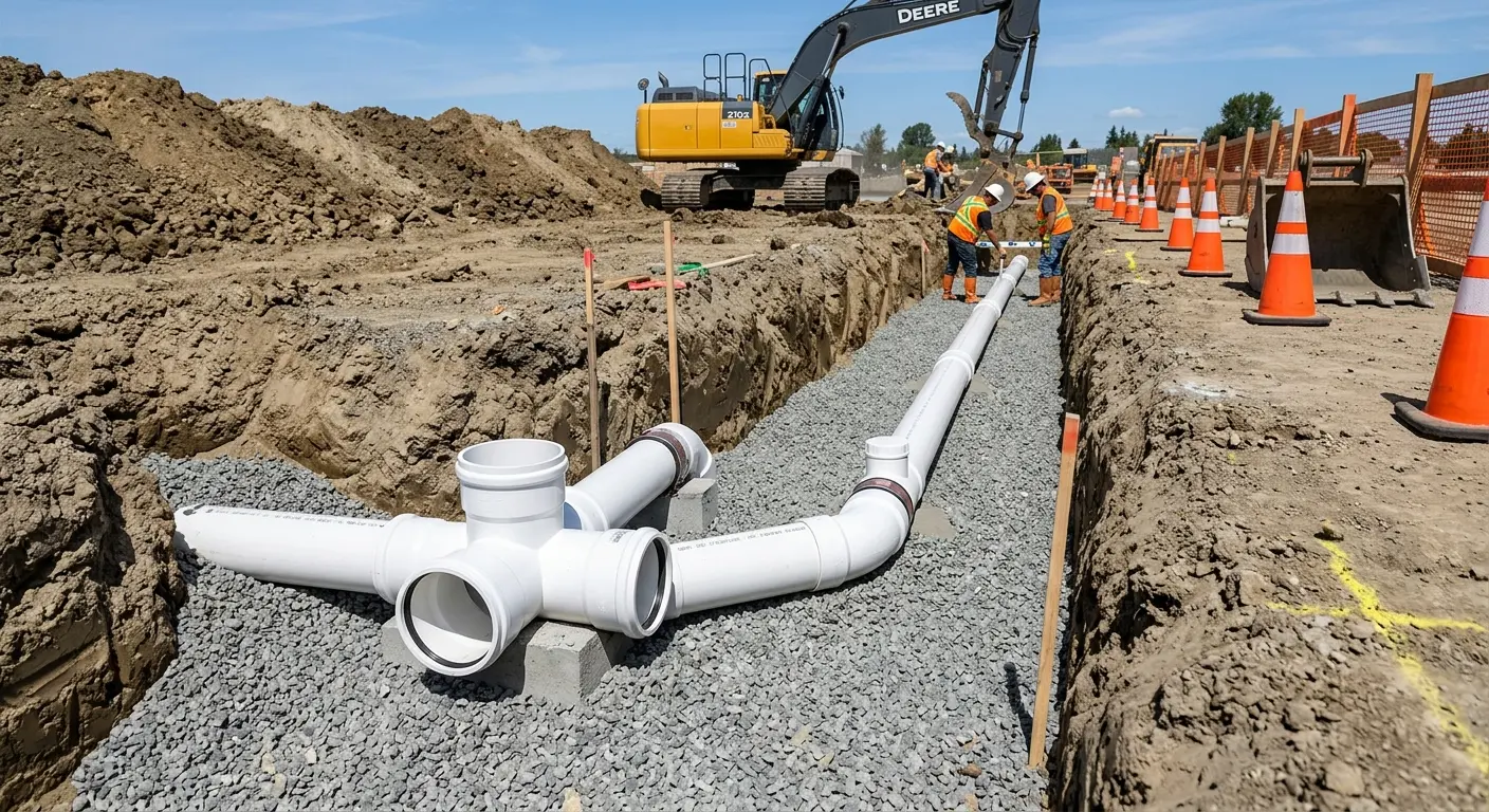 New PVC sewer pipe installation in open trench for Sewer Backup in North Whitehall