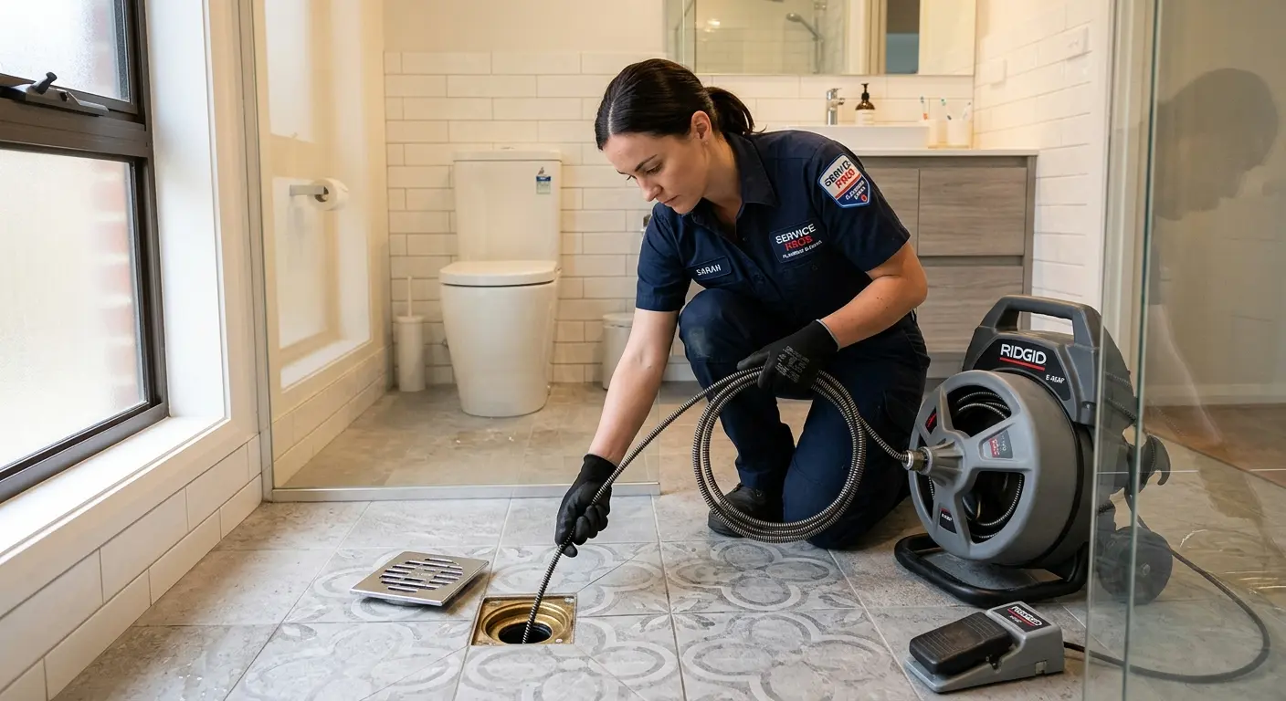 Technician clearing a bathroom floor drain for Drain Cleaning in North Whitehall